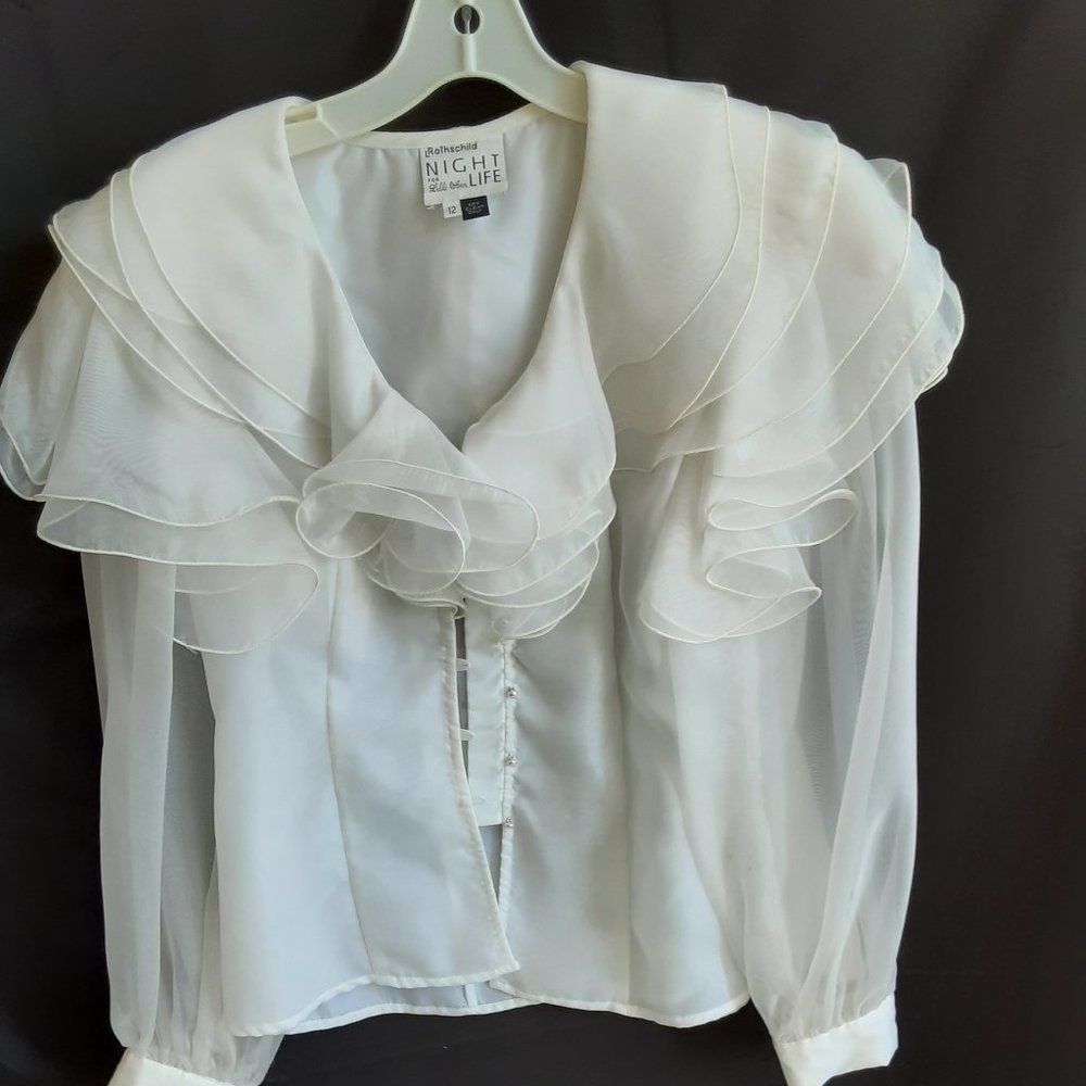 Fancy ruffled chiffon white blouse with pearl hook buttons - size 12